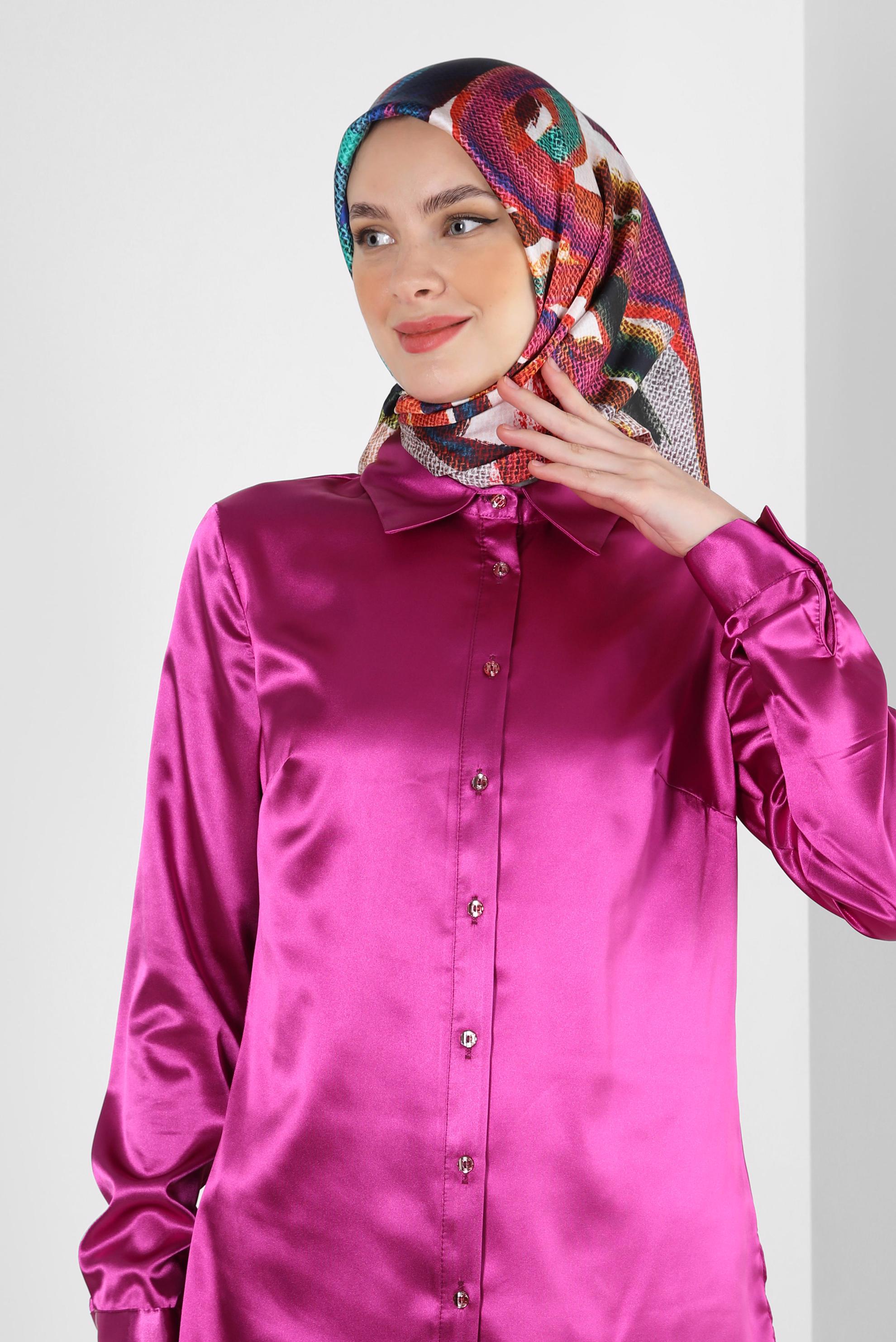 Tesettür giyim FUŞYA DÜĞMELİ SATEN BLUZ 43755